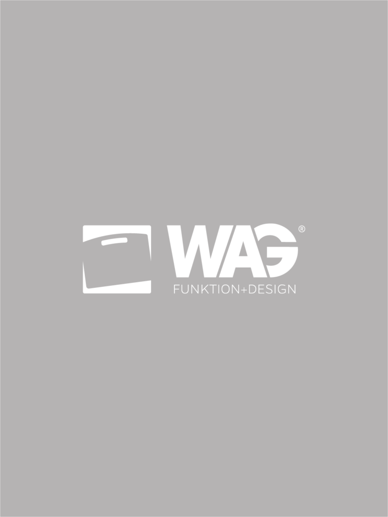 WAG_Platzhalter_Bild - Kofferhersteller | WAG - Kofferhersteller | WAG White WAG logo on gray background featuring a square graphic then the word 'WAG' and caption 'FUNKTION+DESIGN'.