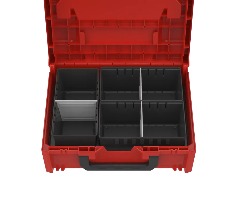 Red plastic toolbox with an open lid, showing multiple gray compartments and dividers inside for organizing small tools and accessories