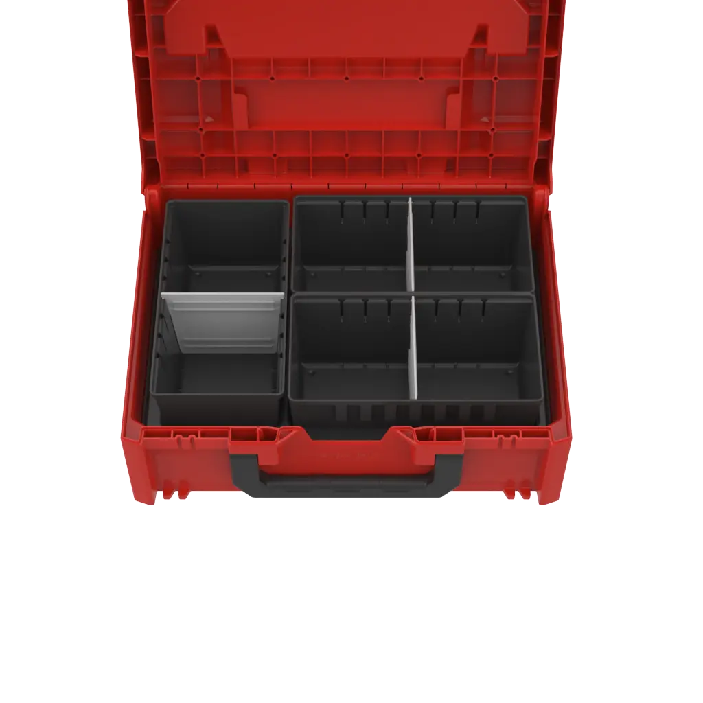 Red plastic toolbox opened to reveal multiple black compartments for organizing tools and hardware