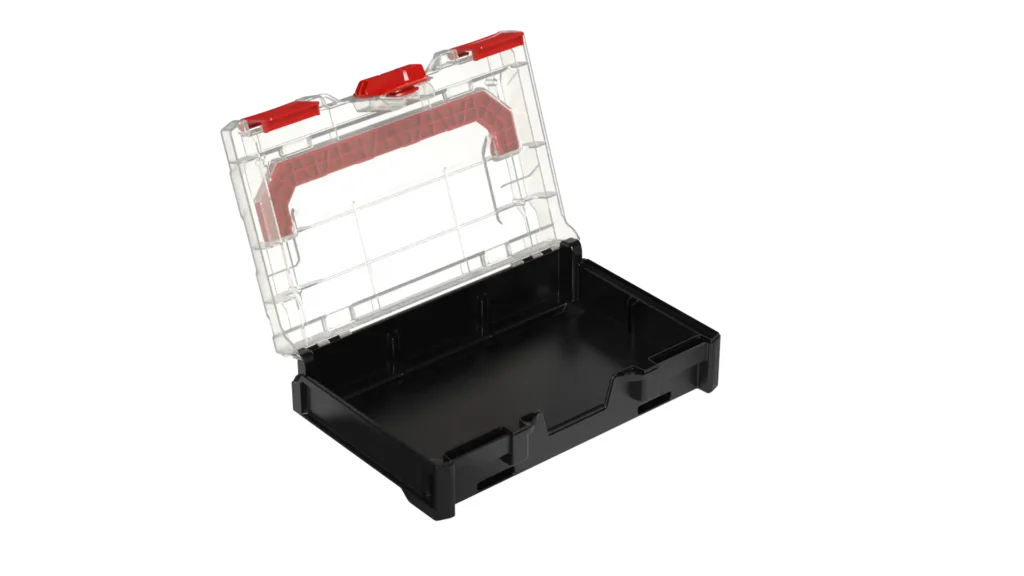 Transparent plastic storage box with red latches, opened to show a black base—a modular tool organizer.