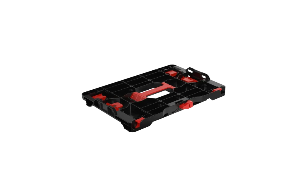 Black plastic tray base with red clips and fasteners, shown from a corner.
