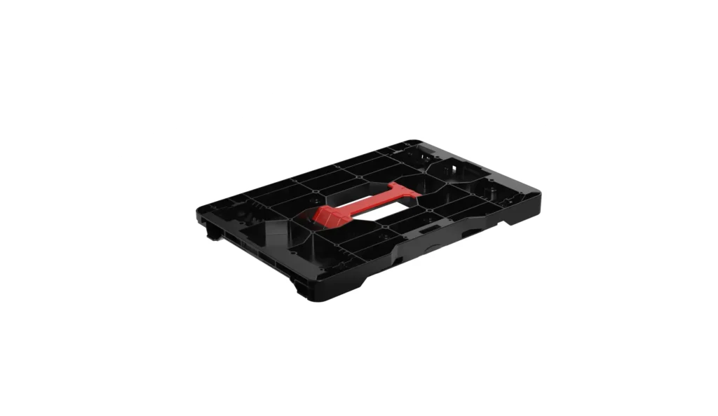Angled view of a black 3.5-inch hard drive enclosure with a red drive mounting lever in the tray area