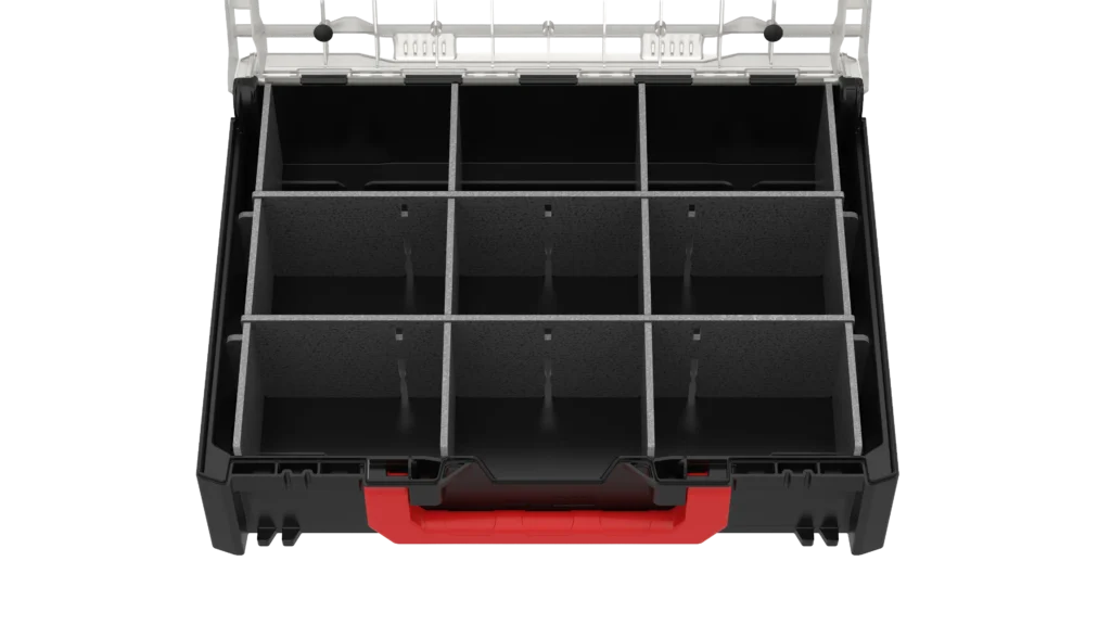 Top-down view of a pickup bed with a six-compartment storage organizer formed by grey dividers for cargo separation.