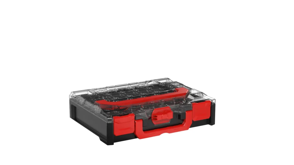 Clear-lid toolbox with red latches and black base, showing internal storage compartments