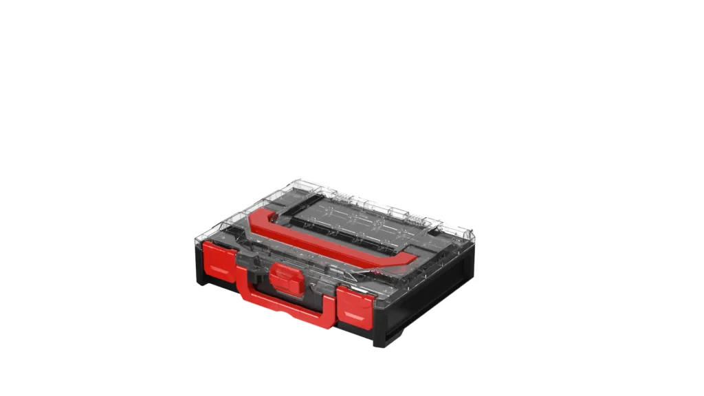 Toolbox with transparent lid and red latches on a black base, viewed from an angled side.
