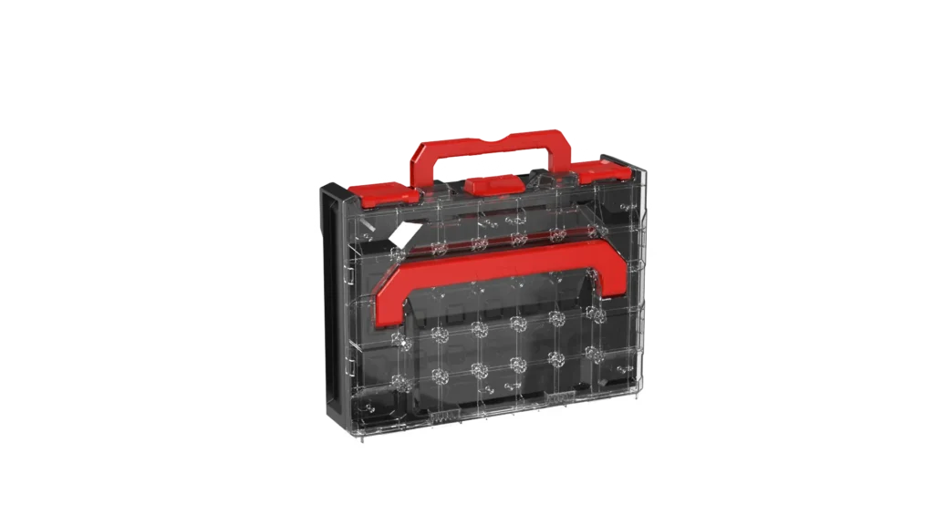 Transparent plastic toolbox with red latches and handle, showing internal compartments