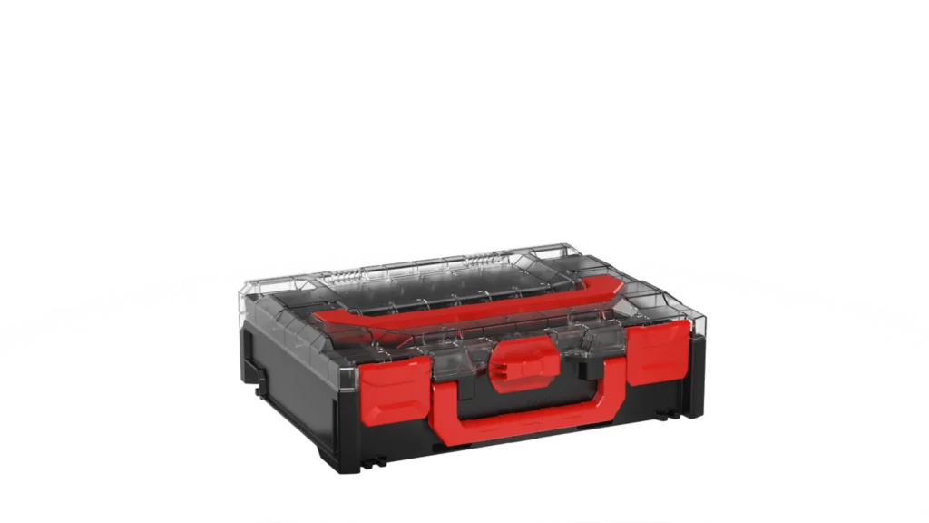 Black toolbox with red latches and a transparent lid, shown at an angle from below