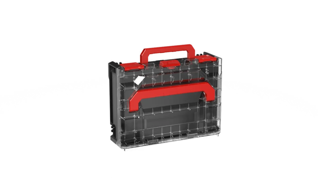 Transparent acrylic toolbox with a red handle and red latches, shown at an angle.