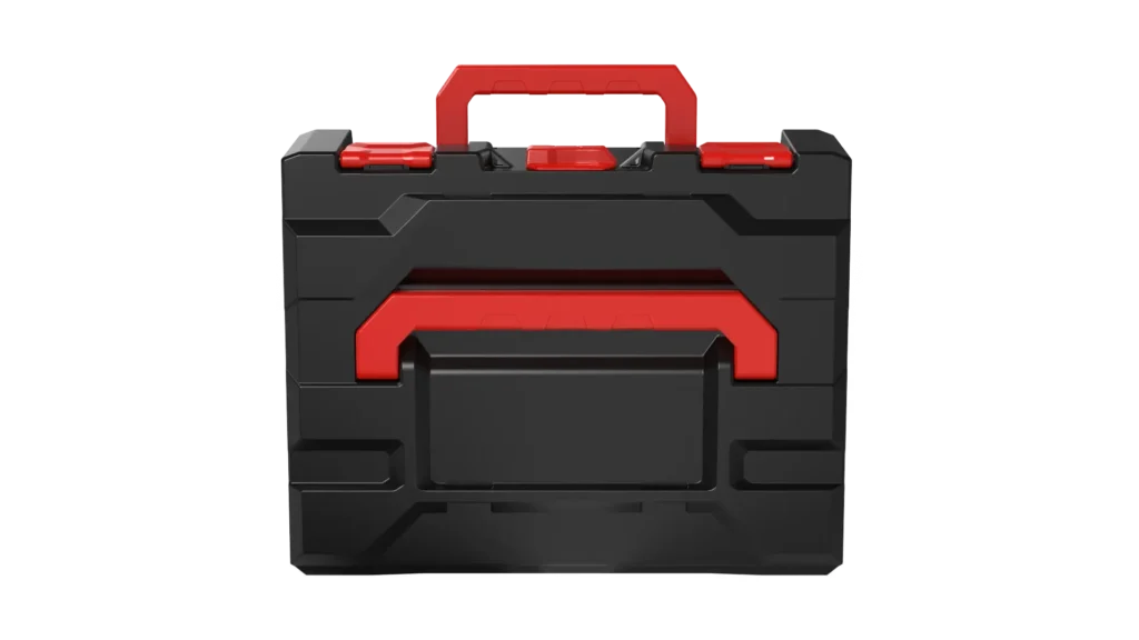 Black toolbox with a red top handle and red latches, sleek and sturdy-looking guard design.