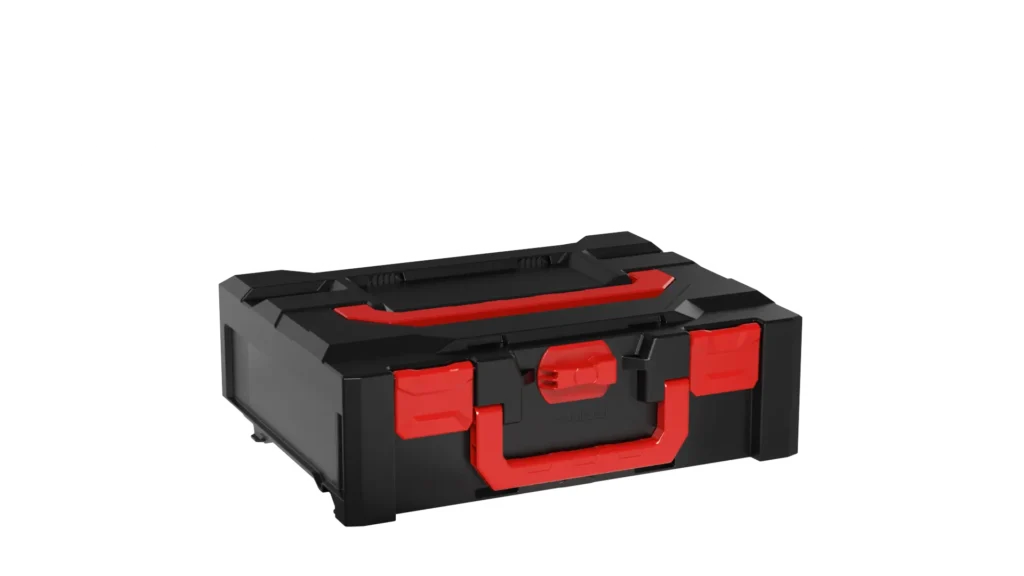 Black toolbox with red handles and latches, shown from an angled side view