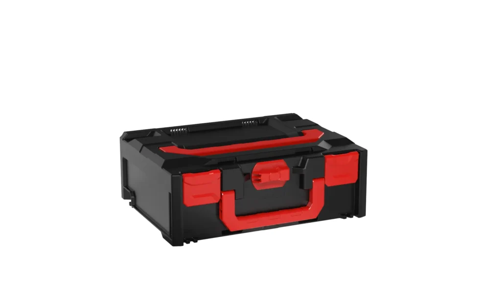 Black plastic toolbox with red latches and handle, viewed from the front-left side.
