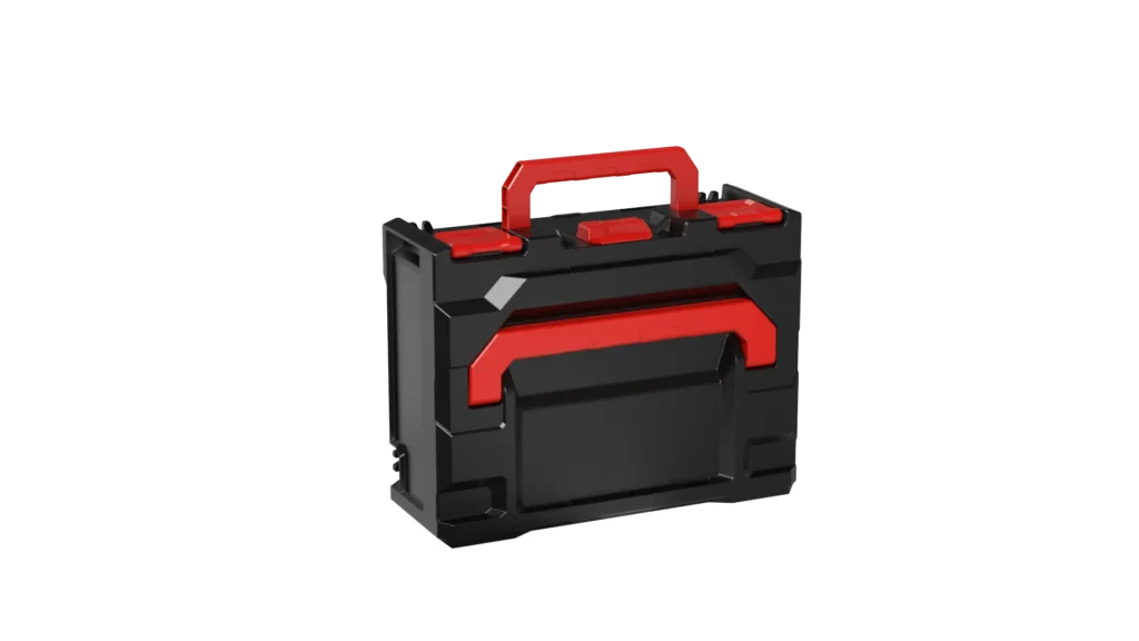 Black toolbox with red accents and a red carry handle, viewed from the side edge