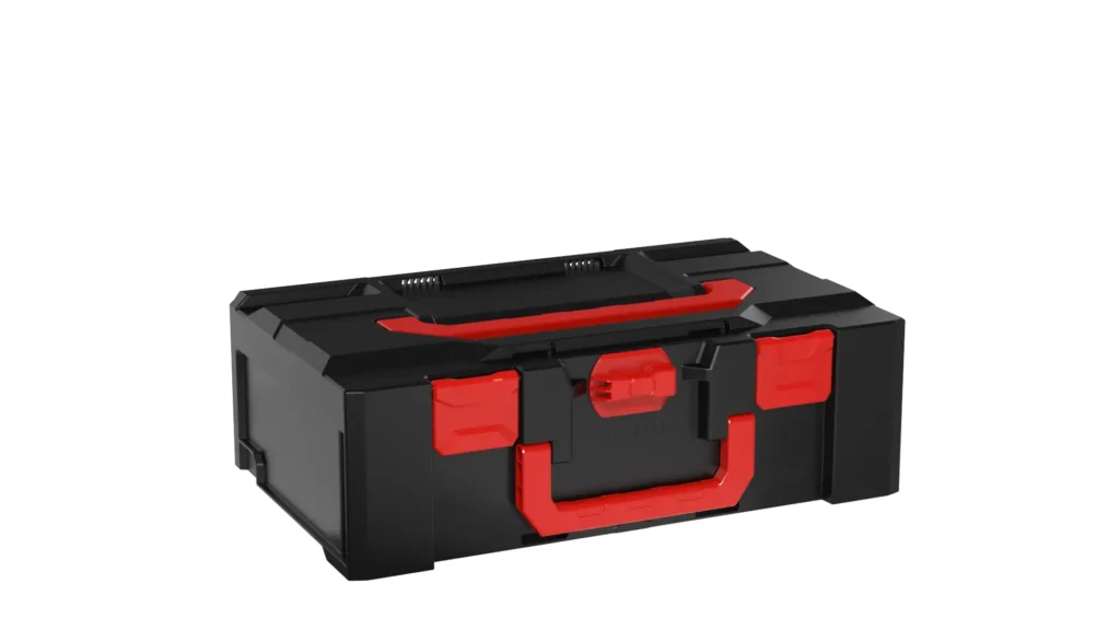 Black toolbox with red handle and latches, angled to show front and top, heavy-duty storage for tools.