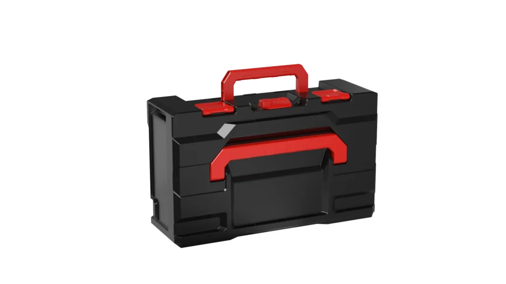 Black toolbox with red latches and handle, shown from a slightly angled front view.
