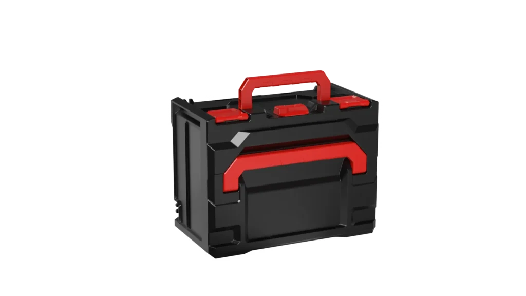Black plastic tool case with red latches and handle, closed and ready to carry.