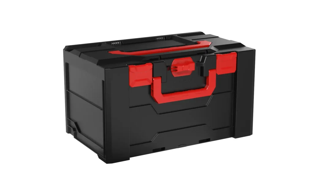 Black plastic toolbox with red handle and latches, viewed at an angle for product detail.