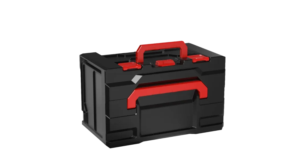 Black plastic toolbox with a red top handle and red latches, angled on a white background.
