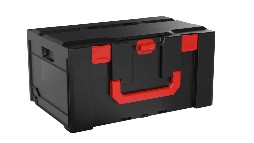 Black plastic toolbox with red latches and a red handle, closed and portable looking tool storage.