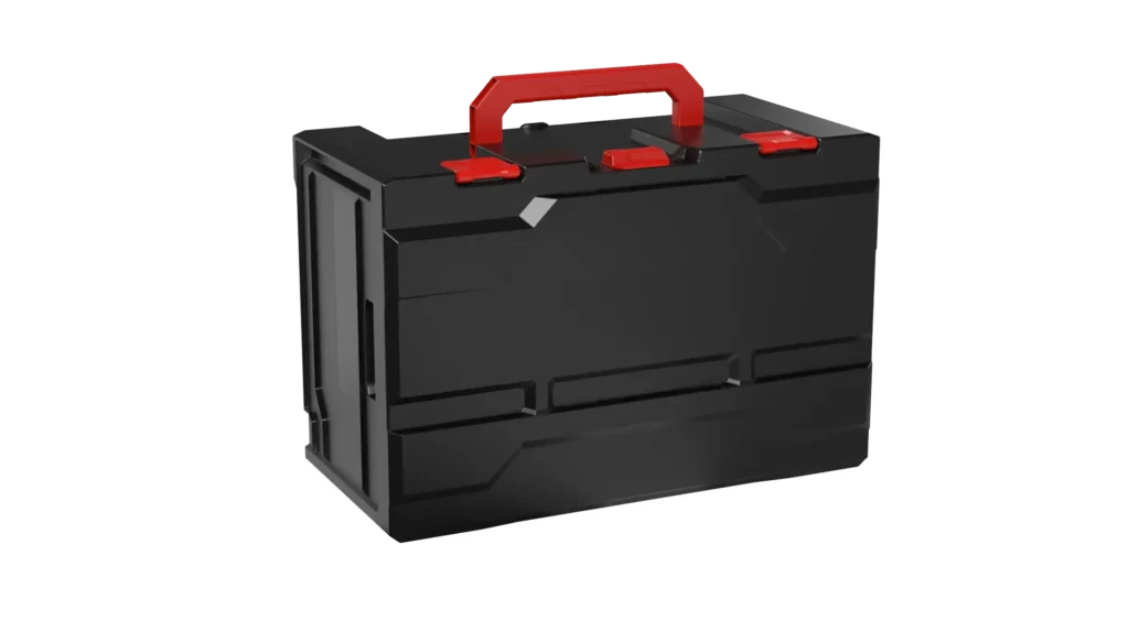 Black plastic toolbox with a red top handle and red latches on a white background