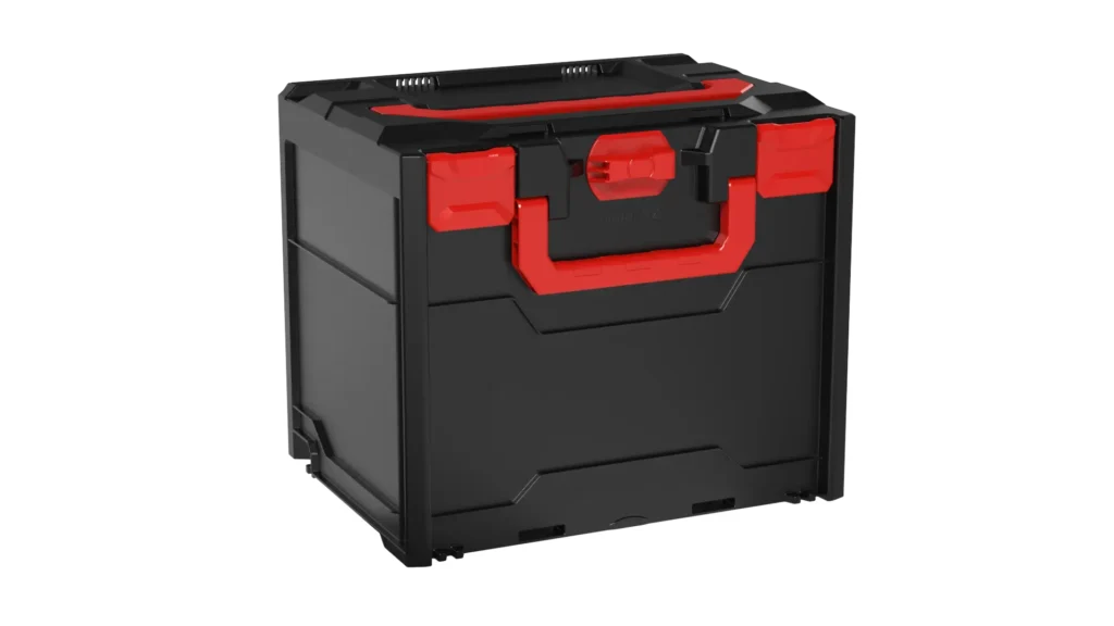Black toolbox with red latches and a red handle on top, closed and ready to carry.