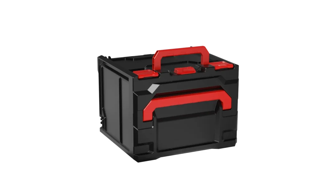 A black plastic toolbox with red latches and a red handle, shown at an angle on a white background.
