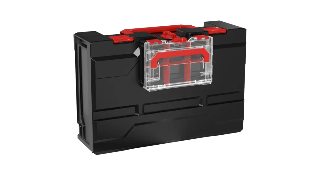 Black plastic toolbox with red latches and a clear plastic organizer mounted on the front.