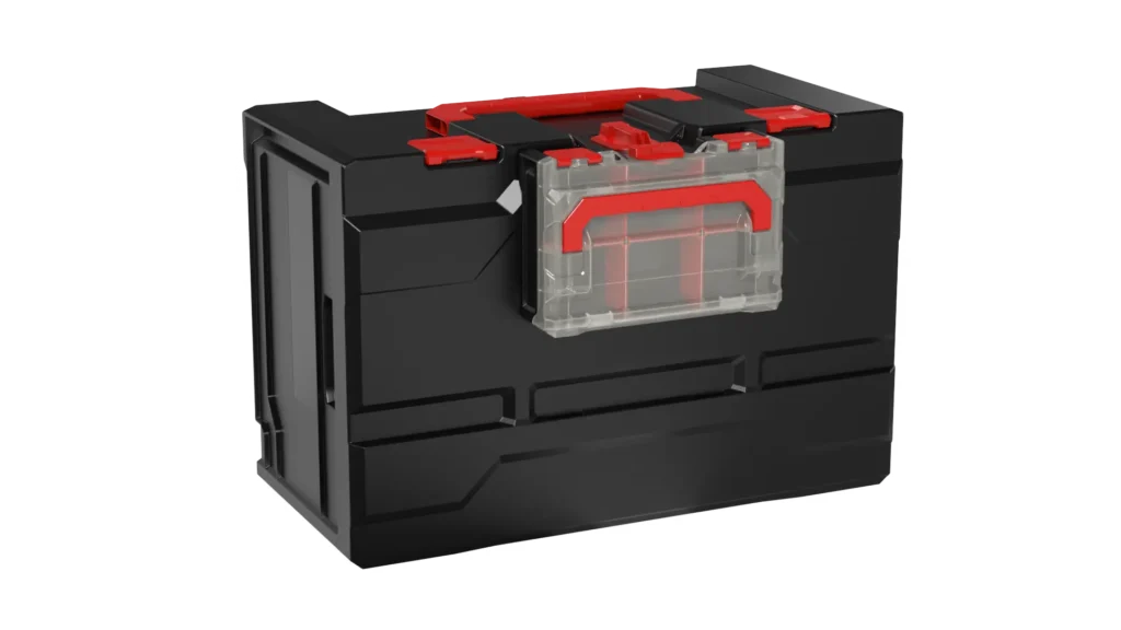 Large black plastic toolbox with a clear plastic organizer attached to the front, accented by red latches and trim.