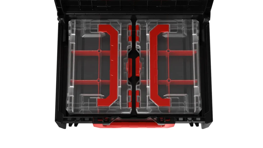 Top-down view of an open black device with two clear compartments containing red structural components connected by a red center bar.