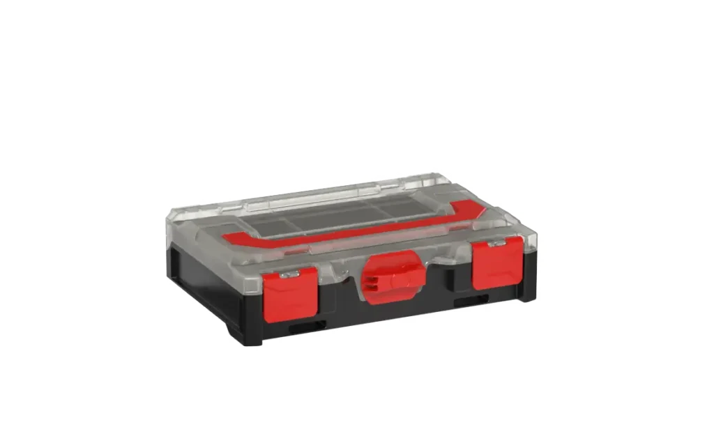 Plastic toolbox with red latches, shown at the bottom-right corner on a white background.