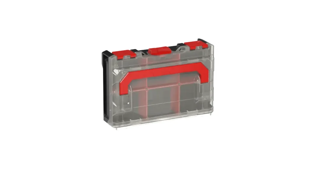 Transparent plastic toolbox with red latches, viewed from the front-right corner.