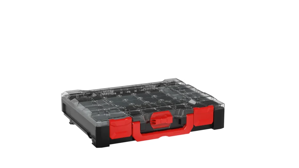 Portable plastic toolbox with a transparent lid and red latches, revealing multiple small compartments inside that organize hardware.