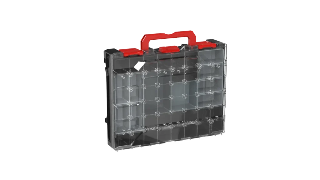Clear transparent plastic tackle/storage box with red latches and handle, showing grid compartments inside