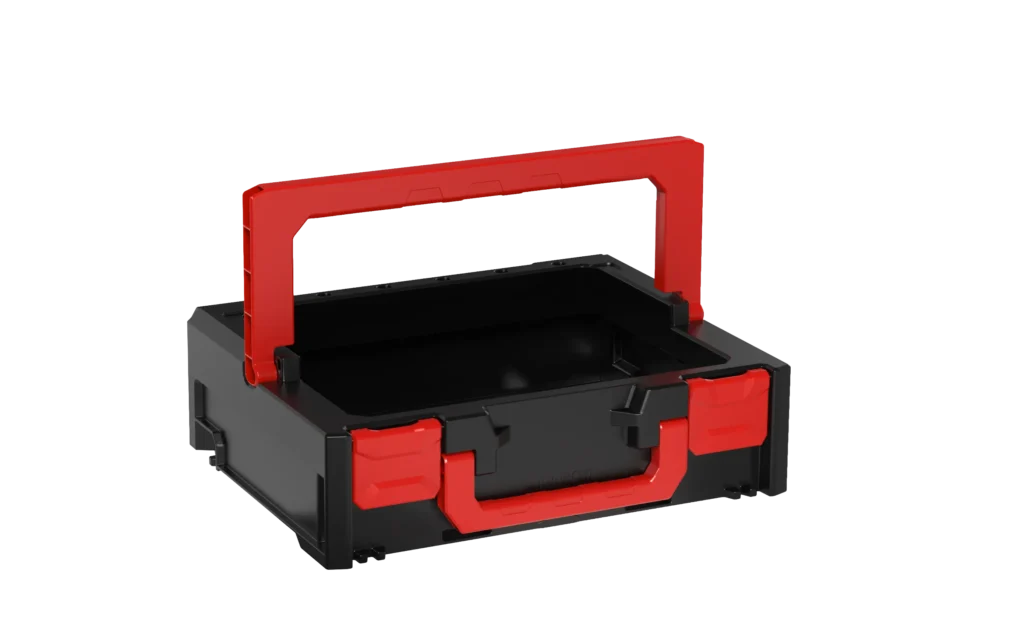 Black plastic toolbox with a red frame, lid open, red latches visible on the sides