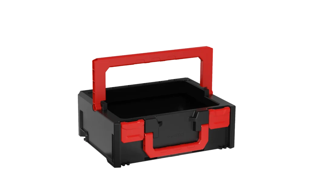 Black toolbox with a red handle and red latches, shown from the side with a recessed top compartment open for storage (informative).