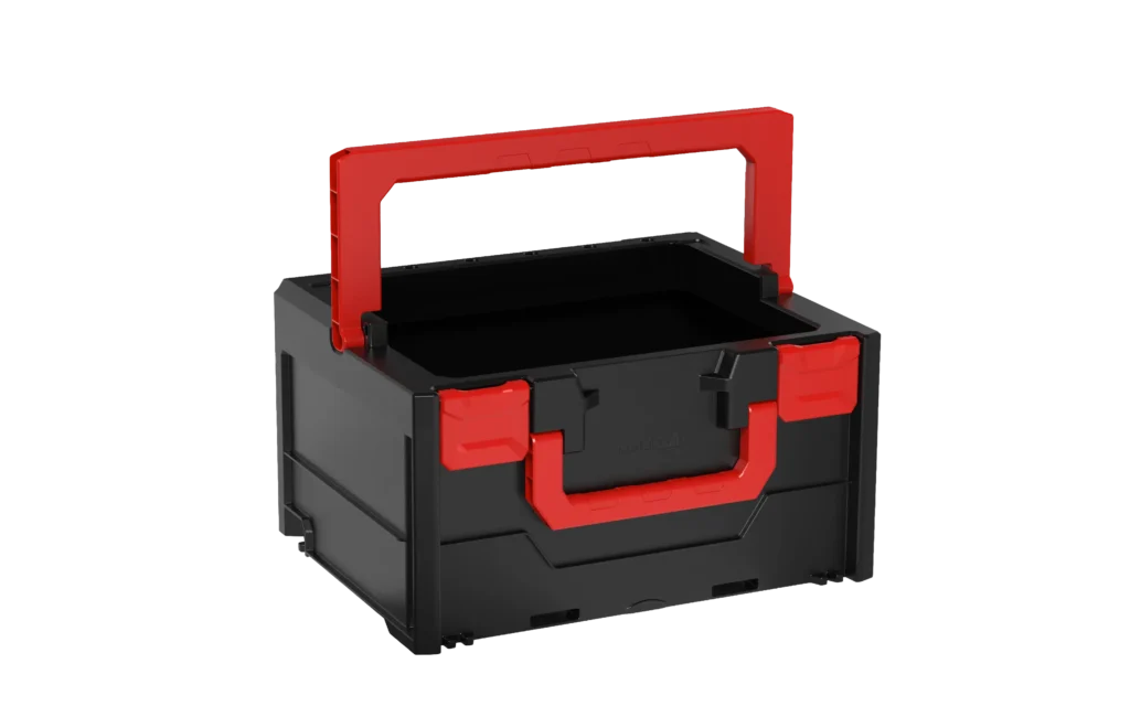 Black plastic toolbox with a red, U-shaped carry handle on top and red latches, open lid showing interior storage