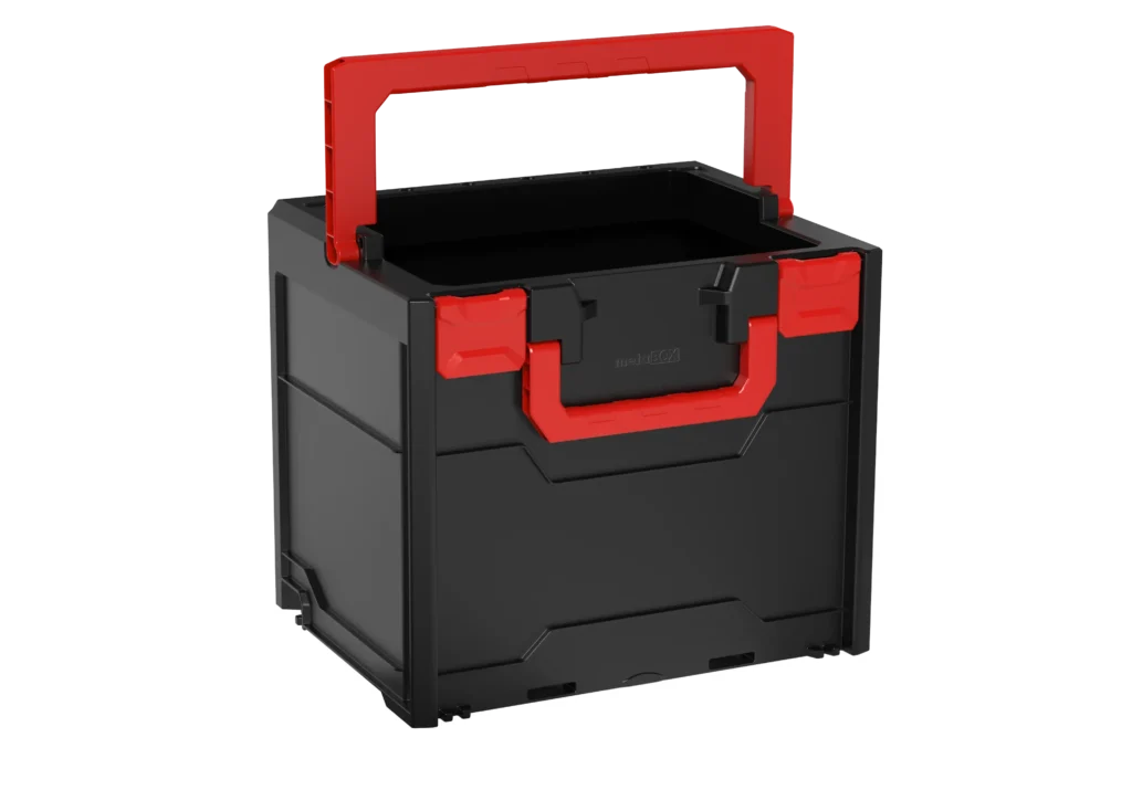 Black plastic toolbox with a raised red handle and red latches, shown from a slight side angle.