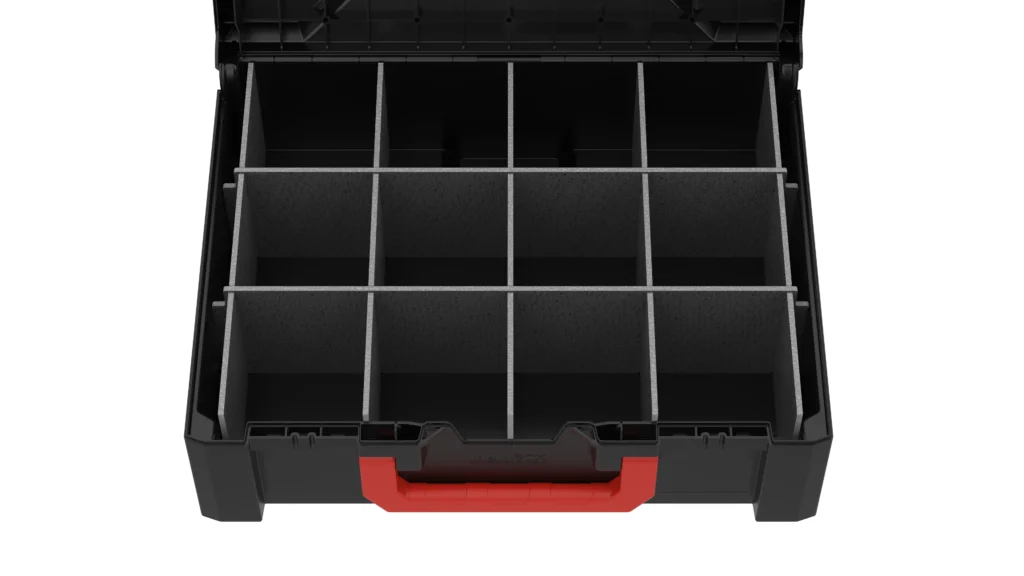 Interior of a black tool box with a grid of foam compartments for organizing tools
