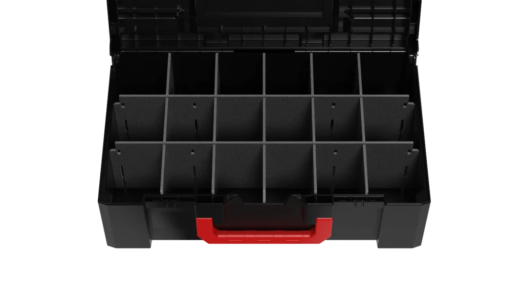 Top-down view of a black tool chest with a red handle and divided storage compartments.