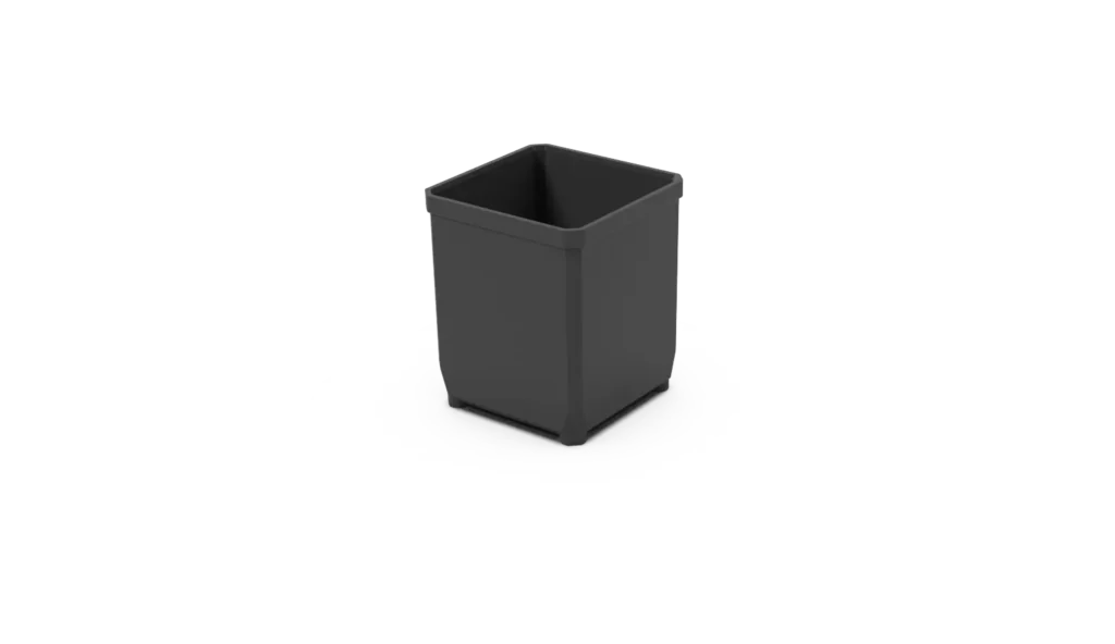 Dark gray square planter on a white surface with soft shadows.