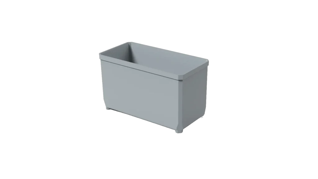 Grey open-top rectangular storage bin on a white background, shown from a side angle