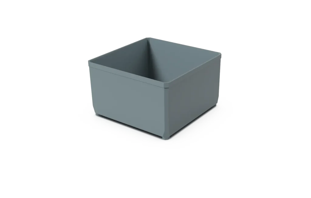 Open-top rectangular gray-blue plastic storage bin on a white background, viewed at an angle.